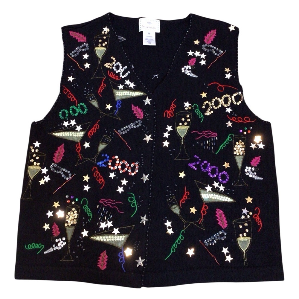 Susan Bristol Vintage Hand Embroidered Beaded Vest Black Size M 2000 Party